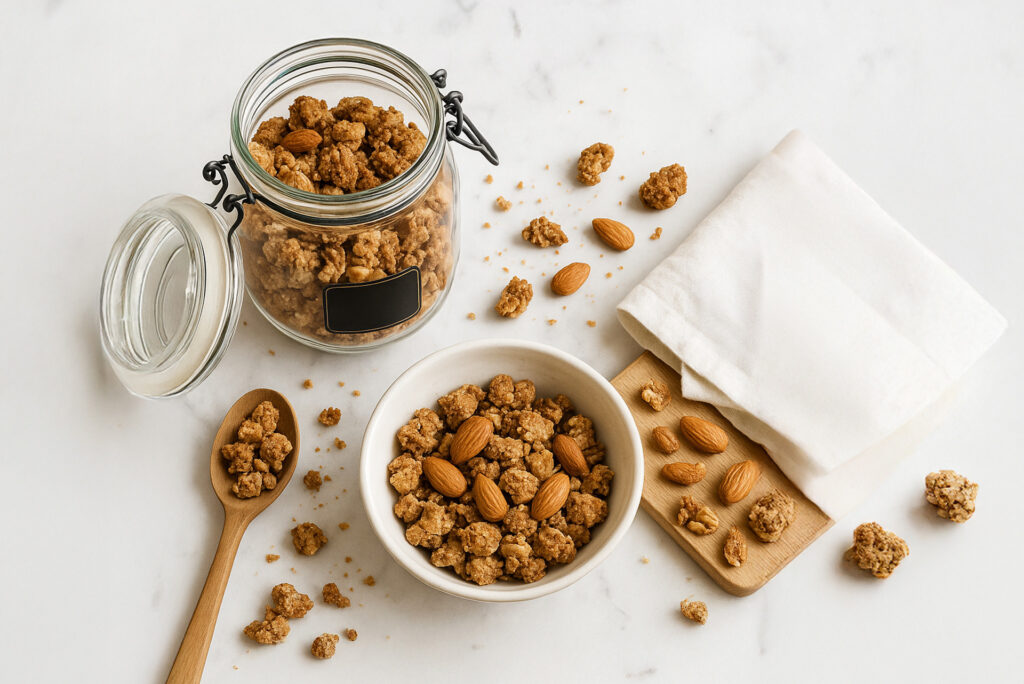 Granola με κριθαροκουλούρα, ξηρούς καρπούς και καλοκαιρινά φρούτα