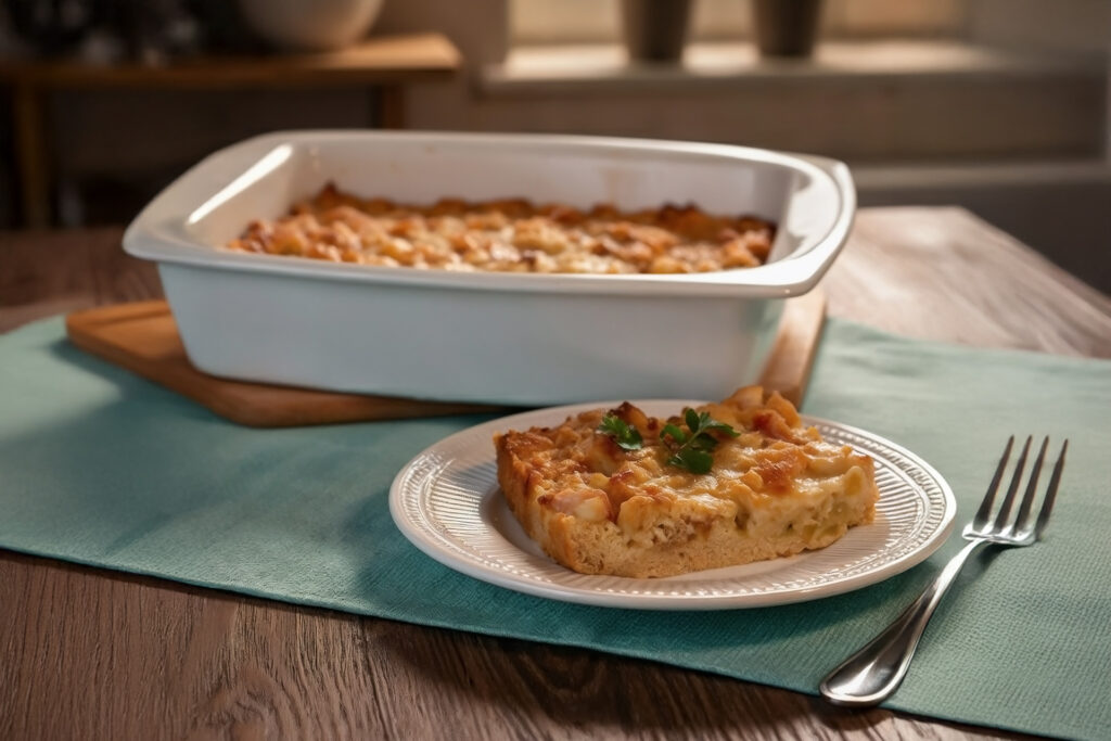 Ογκρατέν με πράσο, γραβιέρα, μπέικον και κουλούρα λαδιού – ιδανικό για brunch ή δείπνο.