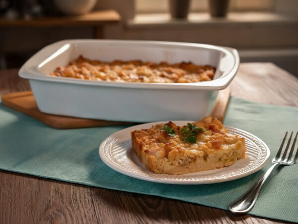 Ογκρατέν με πράσο, γραβιέρα, μπέικον και κουλούρα λαδιού – ιδανικό για brunch ή δείπνο.