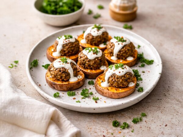 Burger φακής με βάση γλυκοπατάτας και σως γιαουρτιού σερβιρισμένο σε πιάτο