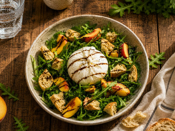 Σαλάτα με ροδάκινο, burrata, ρόκα και τραγανά Ντακάκια Λαδιού με προζύμι